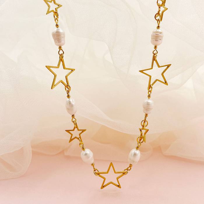 Fashion Star Stainless Steel  Inlay Artificial Pearls Necklace