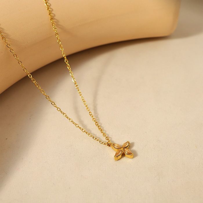 Sweet Flower Stainless Steel  Plating Inlay Zircon 18K Gold Plated Pendant Necklace