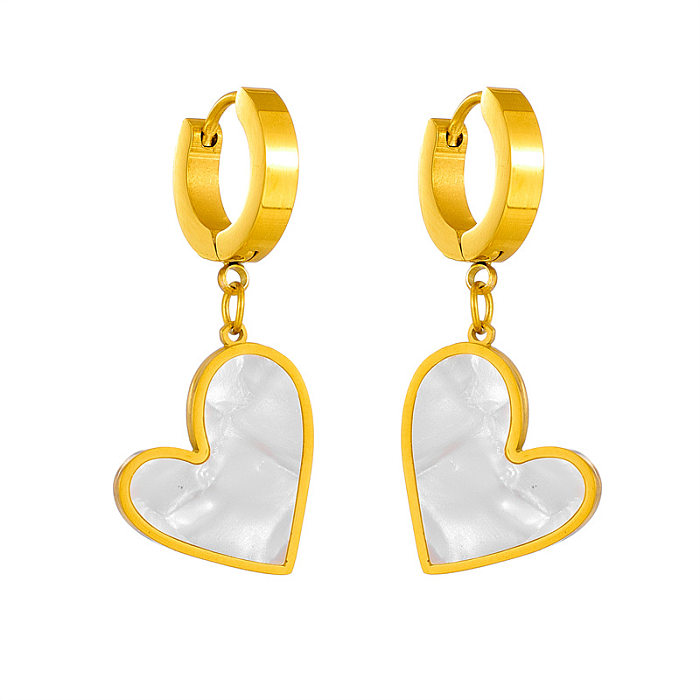 Pendientes colgantes de concha con incrustaciones chapados en acero inoxidable con forma de corazón de estilo simple, 1 par