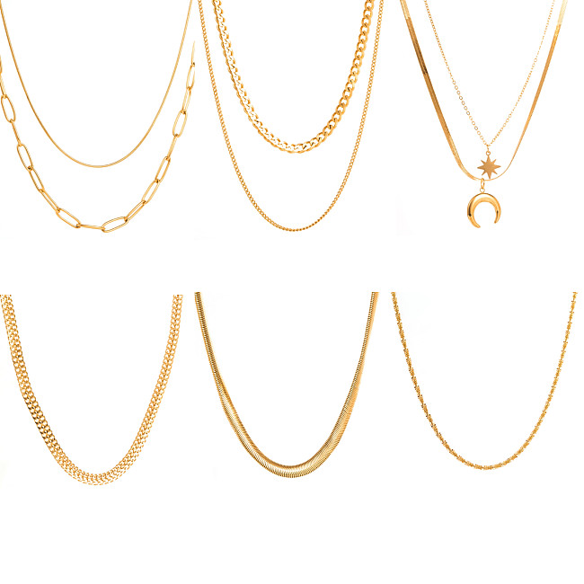 Hip-Hop Star Moon Solid Color Stainless Steel  16K Gold Plated Layered Necklaces In Bulk