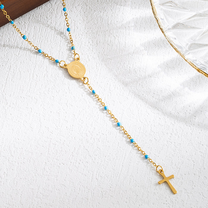 Collar chapado en oro de 18 quilates con cuentas de acero inoxidable y sacerdote de la Virgen María con cruz clásica elegante