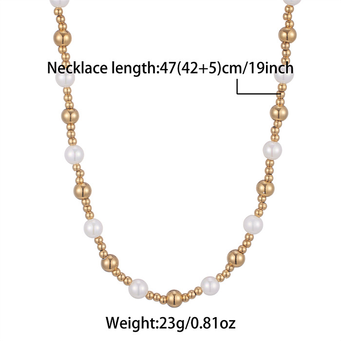 Lässige, runde Halskette im Vintage-Stil aus Edelstahl mit Süßwasserperlen und Perlenbeschichtung, 18 Karat vergoldet