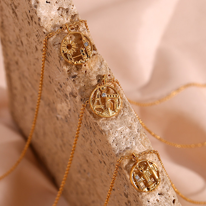 Halskette mit künstlerischem Stadt-Anhänger im Vintage-Stil, Edelstahl-Beschichtung, Intarsien, künstlicher Diamant, 18 Karat vergoldet
