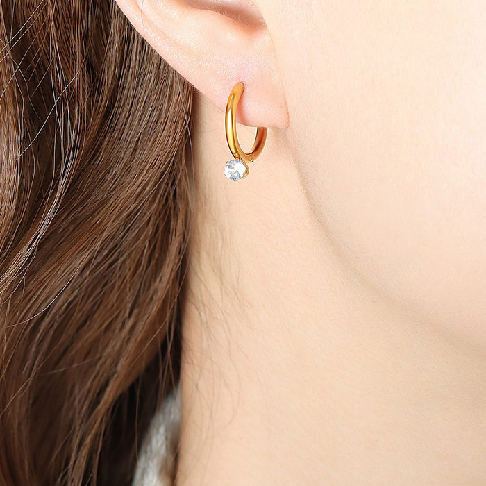 1 Pair Elegant Round Inlay Stainless Steel Zircon Earrings