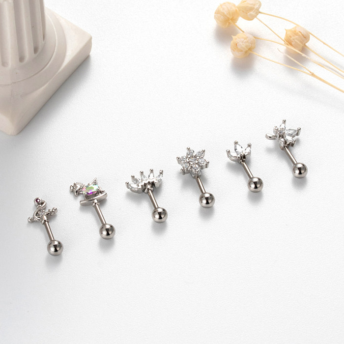 1 peça estilo simples cruz folha flor flores zircão de aço inoxidável 18K brincos banhados a ouro