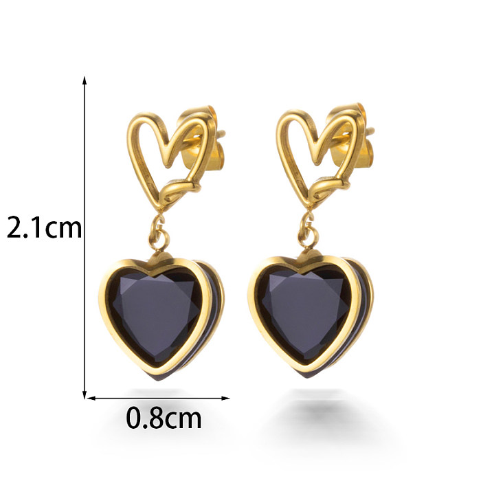1 paire de boucles d'oreilles en forme de cœur, Style français Simple, Style coréen, incrustation en acier inoxydable, Zircon plaqué or 18 carats