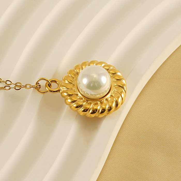 Elegante, runde Anhänger-Halskette mit Intarsienperle und 18-karätigem Goldüberzug aus Edelstahl