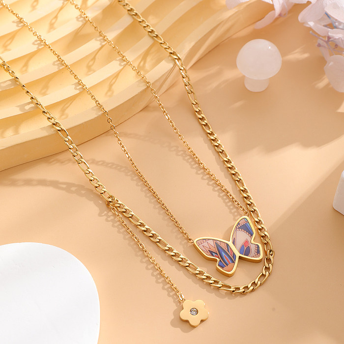 Retro Classic Style Flower Butterfly Stainless Steel  Plating Inlay Zircon Gold Plated Layered Necklaces