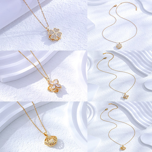 Vintage Style Classic Style Four Leaf Clover Flower Shell Stainless Steel Plating Inlay Pearl Zircon 24K Gold Plated Pendant Necklace