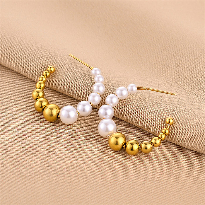Fashion C Shape Imitation Pearl Stainless Steel Plating Earrings 1 Pair