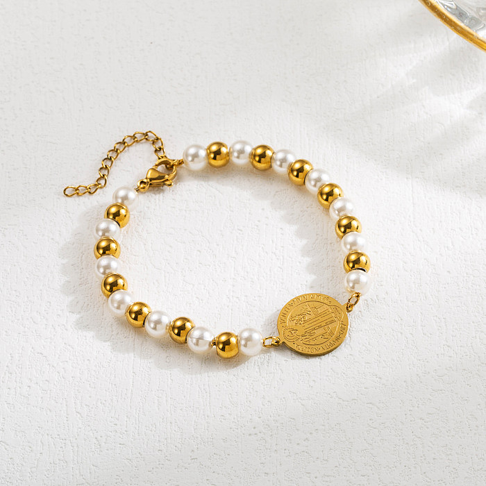 Venta al por mayor pulseras chapadas en oro con perlas de imitación de acero inoxidable con forma de corazón de palma y ojo de diablo de estilo moderno