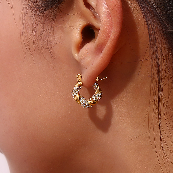 1 paire de boucles d'oreilles plaquées or 18 carats, Style classique Simple, incrustation de placage à rayures en spirale en acier inoxydable et Zircon