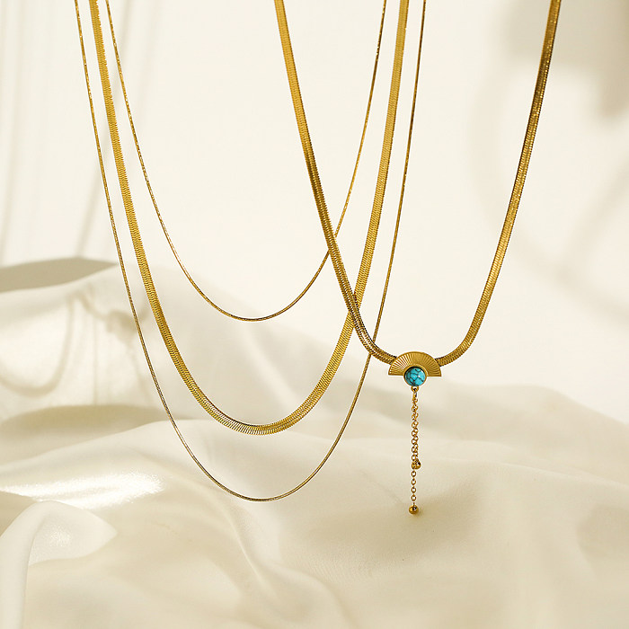 Simple Style Commute Geometrische Edelstahl-Beschichtung, Türkis, 18 Karat vergoldet, dreilagige Halskette