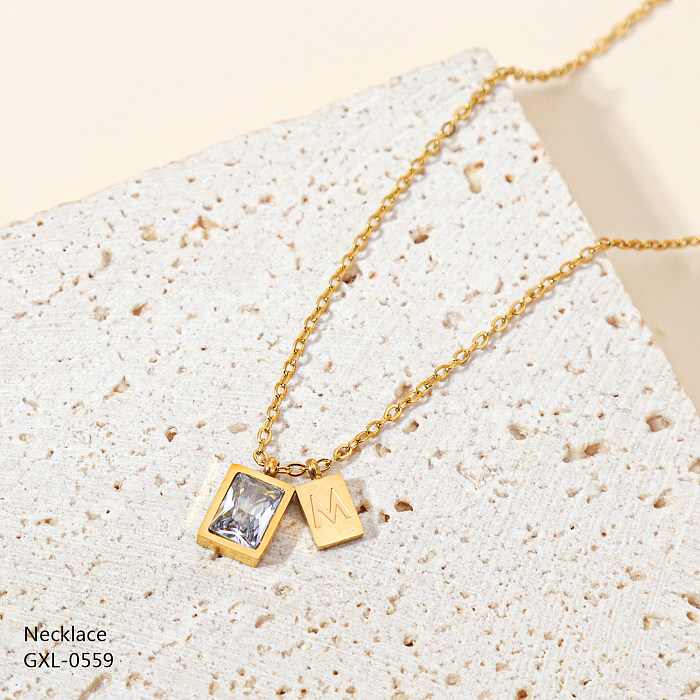 Retro Classic Style Square Rectangle Stainless Steel  Plating Inlay Zircon Rose Gold Plated Gold Plated Silver Plated Necklace