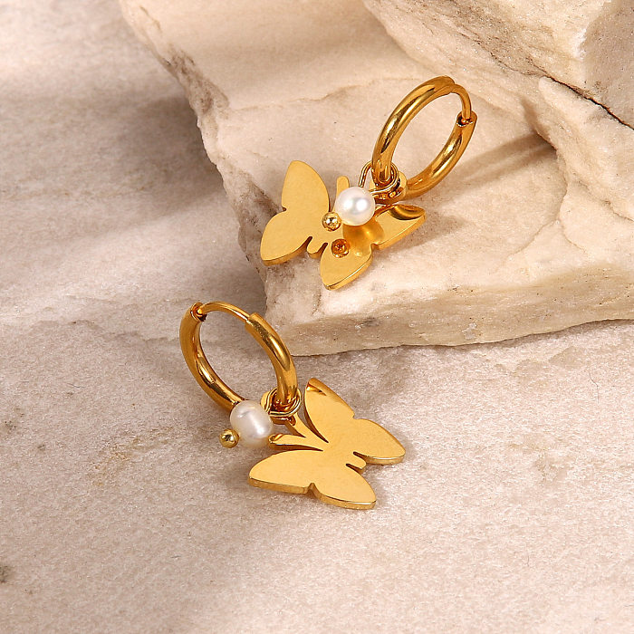 Neue Art 18K Gold überzogene glatte Schmetterlings-Perlen-Anhänger-Edelstahl-Ohrringe