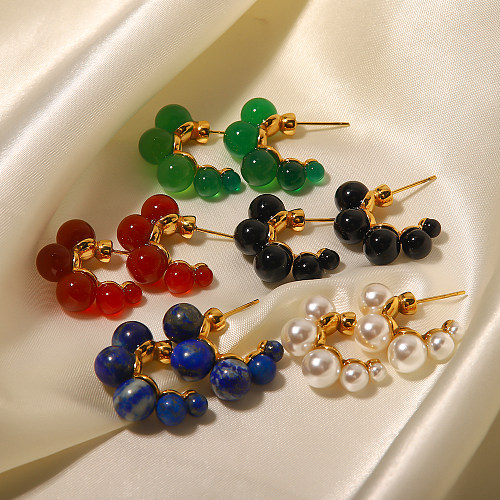 Fashion Round Stainless Steel  Stainless Steel Gold Plated Inlay Artificial Gemstones Ear Studs 1 Pair