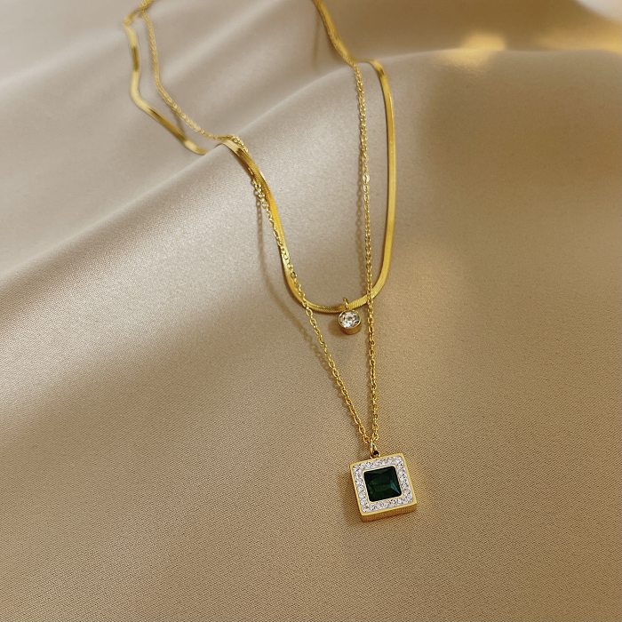 Simple Style Roman Style Square Stainless Steel 18K Gold Plated Zircon Double Layer Necklaces In Bulk
