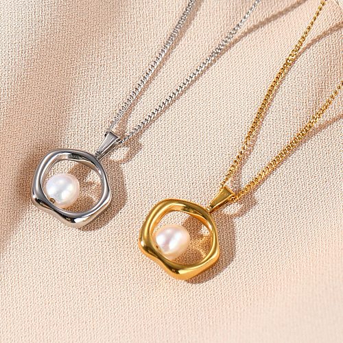 IG Style Round Stainless Steel  Freshwater Pearl Plating 18K Gold Plated Pendant Necklace