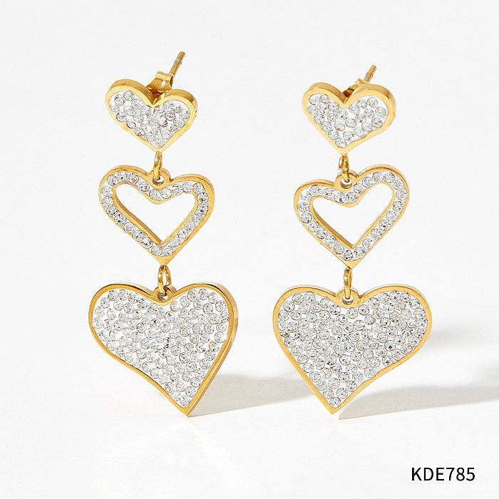 Simple Style Heart Shape Stainless Steel  Inlay Zircon Earrings 1 Pair