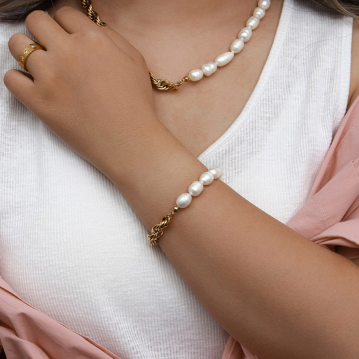 New Fashion Natural Freshwater Pearl Women Stainless Steel  Necklace Bracelet Set