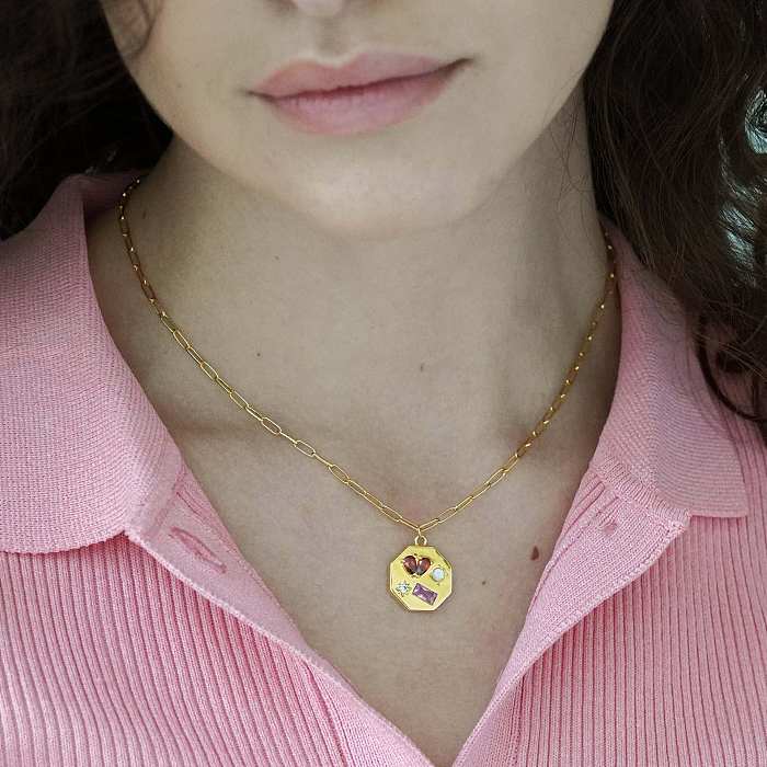 Vintage Style Romantic Heart Shape Stainless Steel  Plating Inlay Zircon 18K Gold Plated Pendant Necklace