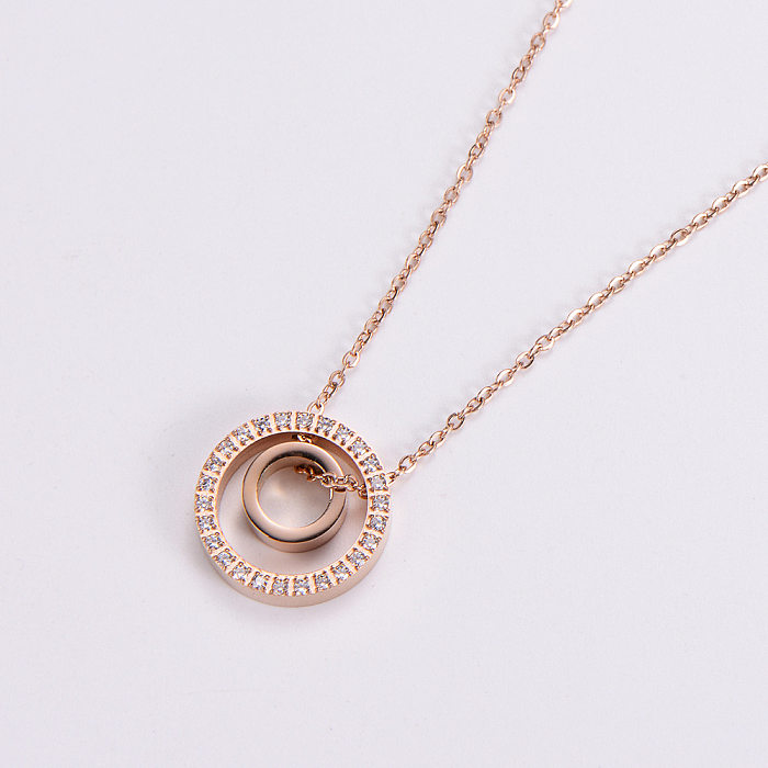 Women'S Fashion Simple Style Round Stainless Steel  Rhinestone Pendant Necklace Diamond Stainless Steel  Necklaces