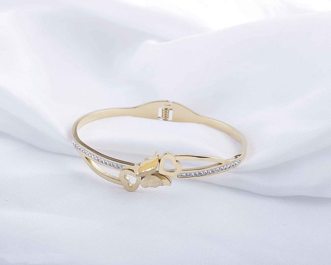Elegante formato de coração redondo borboleta chapeamento de aço inoxidável pulseira banhada a ouro zircão