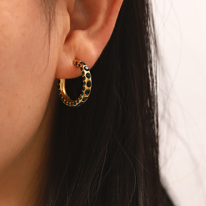Boucles d'oreilles créoles tendance géométriques en acier inoxydable plaqué or avec strass, 1 paire