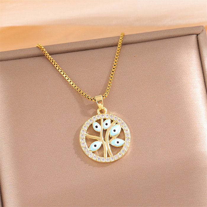 Simple Style Streetwear Devil'S Eye Tree Stainless Steel  Stainless Steel Enamel Plating Inlay Zircon 18K Gold Plated Pendant Necklace