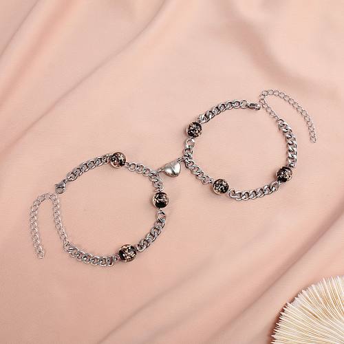 Simple Luminous Beads Stainless Steel Chain Heart Magnet Couple Bracelet