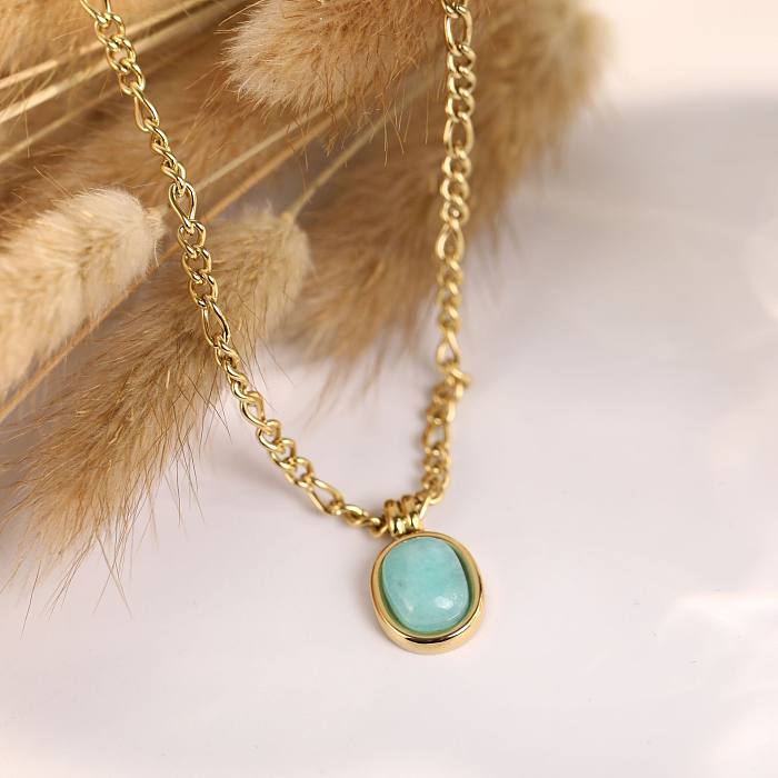 Fashion Mint Green Roman Natural Stone Oval Clavicle Chain Stainless Steel Necklace