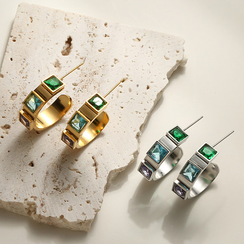 1 Paar schlichte Pendel-Ohrringe in C-Form mit quadratischer Beschichtung und Inlay aus Edelstahl mit Zirkon und 18-Karat-Vergoldung