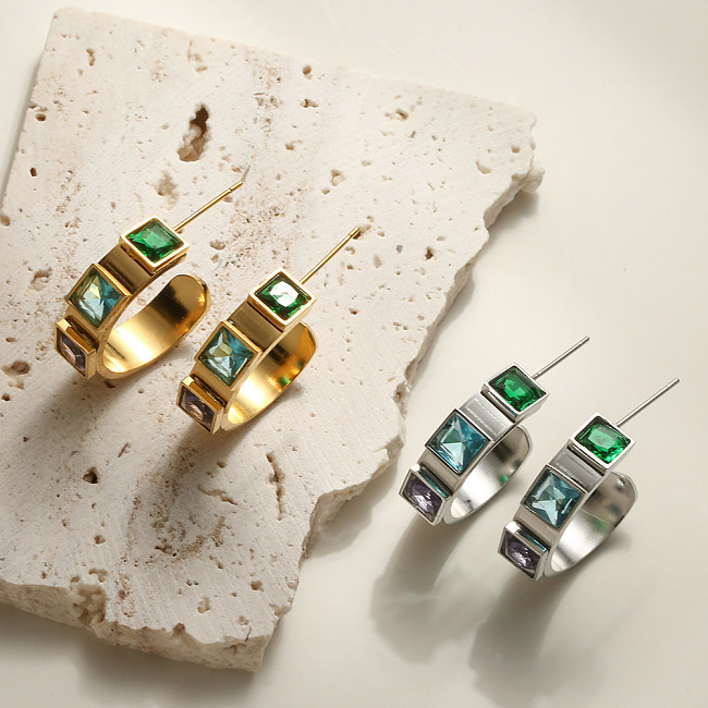 1 Paar schlichte Pendel-Ohrringe in C-Form mit quadratischer Beschichtung und Inlay aus Edelstahl mit Zirkon und 18-Karat-Vergoldung