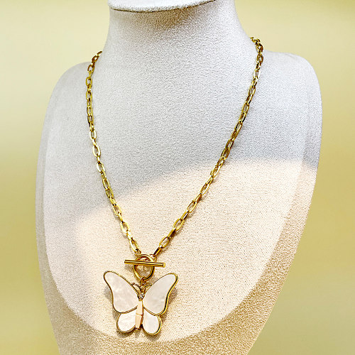 Classical Vintage Style Sweet Butterfly Stainless Steel  Enamel Plating Gold Plated Pendant Necklace