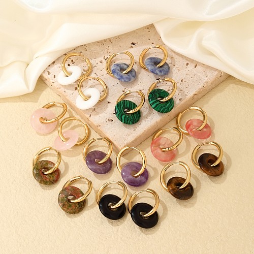 1 Pair Casual Simple Style Round Plating Stainless Steel  Natural Stone Gold Plated Earrings