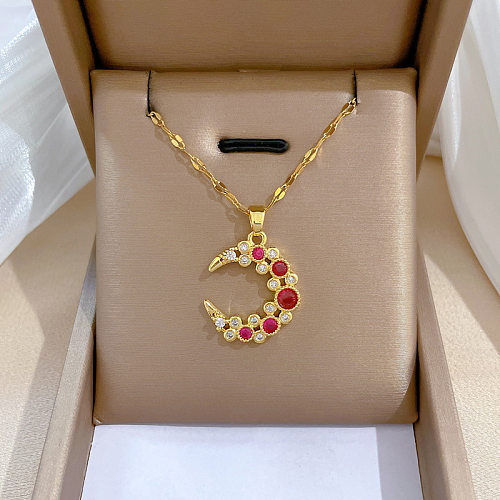 Simple Style Round Moon Stainless Steel  Copper Inlay Rhinestones Pendant Necklace