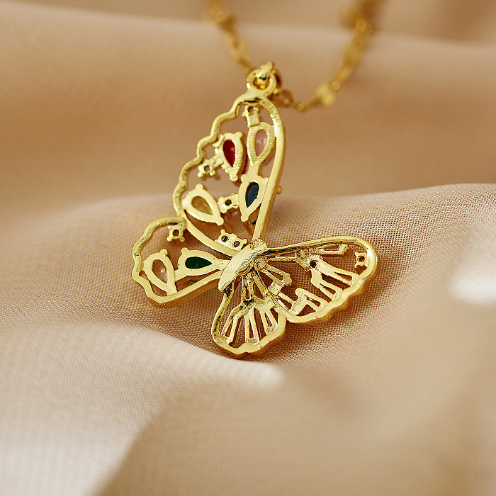 Klassische Schmetterlings-Halskette mit Anhänger aus Edelstahl mit Kupferbeschichtung und Inlay-Zirkon-Anhänger