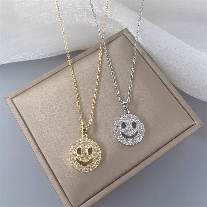 Fashion Smiley Face Stainless Steel Inlay Rhinestones Pendant Necklace 1 Piece