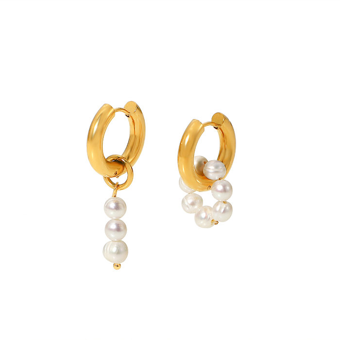 Retro Geometric Stainless Steel  Gold Plated Pearl Earrings 1 Pair