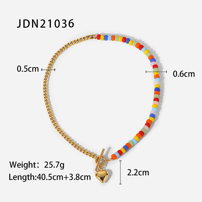 INS Style Colorful Ceramic Beaded Stitching Cuban Link Chain 18K Gold OT Buckle Love Pendant Stainless Steel  Necklace Neck Accessories Female