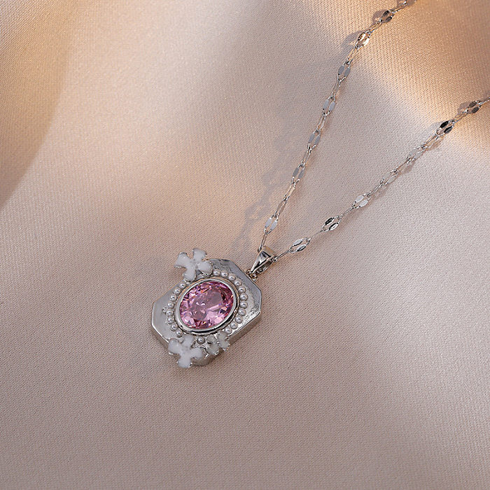 Collier pendentif rectangulaire en acier inoxydable, fleur douce, incrustation de perles artificielles, diamant artificiel