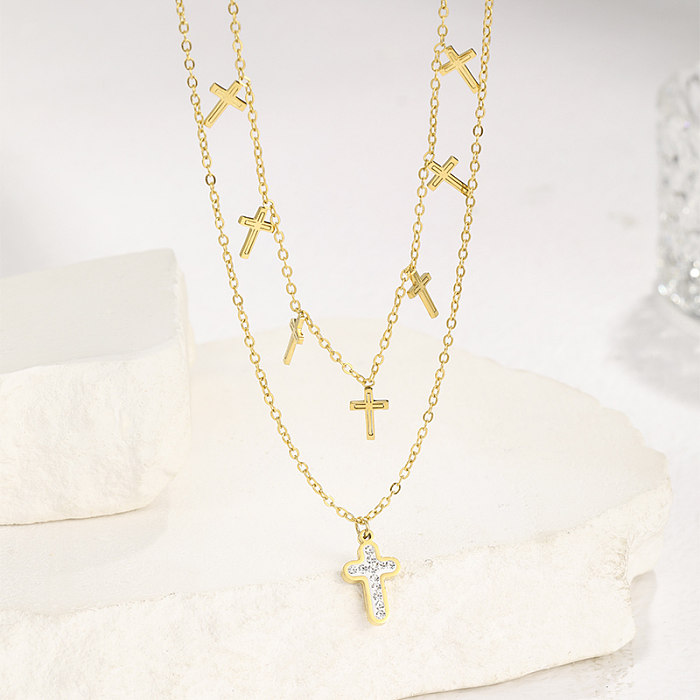 Hip-Hop Cool Style Cross Stainless Steel  Plating Inlay Rhinestones 18K Gold Plated Double Layer Necklaces