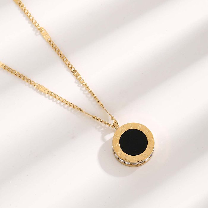 Glam Roman Style Solid Color Roman Numeral Resin Stainless Steel Plating Inlay Zircon Gold Plated Pendant Necklace
