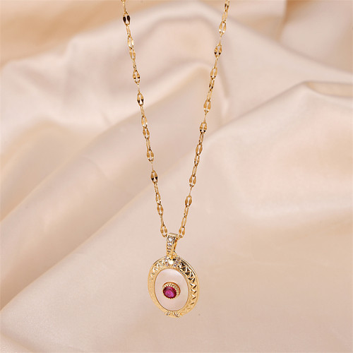 IG Style Vintage Style Oval Stainless Steel  Plating Inlay Rhinestones 18K Gold Plated Pendant Necklace