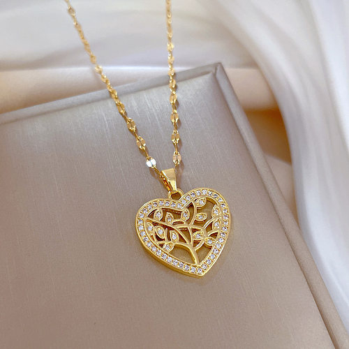 Sweet Heart Shape Stainless Steel  Copper Inlay Zircon Pendant Necklace