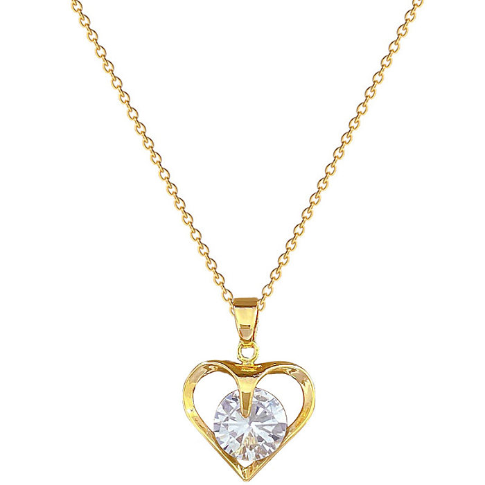 Sweet Simple Style Heart Shape Stainless Steel  Copper Inlay Zircon Pendant Necklace