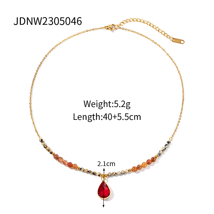 IG Style Lässige Wassertropfen-Anhänger-Halskette aus Edelstahl mit Perlenbeschichtung und Inlay aus Naturstein, 18 Karat vergoldet