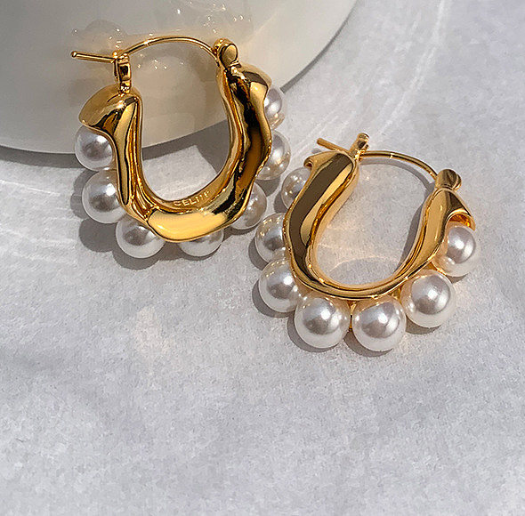 Pendientes de perlas artificiales chapados en acero inoxidable en forma de U, estilo vintage, 1 par