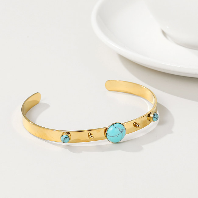 IG Style French Style Round Stainless Steel 14K Gold Plated Turquoise Bangle In Bulk