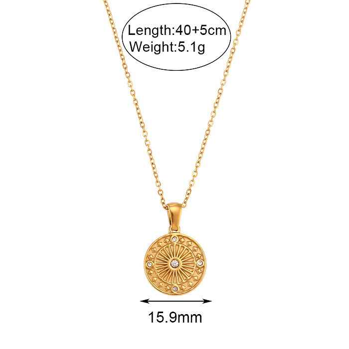 Vintage Style Round Stainless Steel  Plating Inlay Rhinestones 18K Gold Plated Pendant Necklace